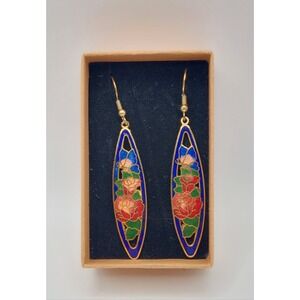 Enamel Cloisonne Earrings Rose Butterfly Dangle Blue Pink Green Romantic Vintage
